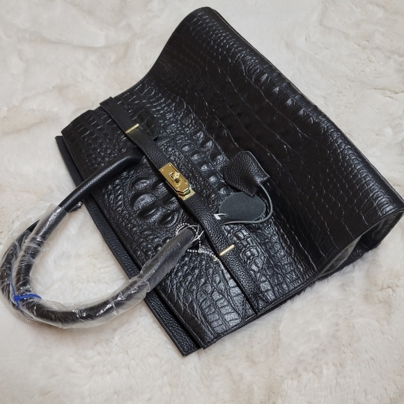 Genuine Leather Croc Embossed Top Handle Designer Style Bag Purse Black New - Picture 2 of 9